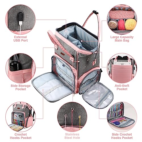 crochet bag,knitting bagBackpack and Tote Bag Storage Bag ，Large capacityYarn Storage Organizer Travel Crochet Bag Women Carrying Crochet Accessories Knitting Needles Crochet - color: PINK AND GREY