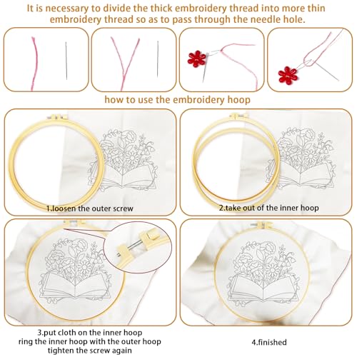 BEUNITONE 6 Set Books Flowers Embroidery Kit for Adult Beginners with Hoops and Instructions Literary Themed Needlepoint Craft Kits Complete DIY Handmade Cross Stitch Set for Book Lovers Home Decor - style: Book Flower