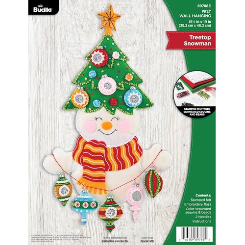 Bucilla Felt Applique Wall Hanging Kit, Treetop Snowman, Perfect for DIY Arts and Crafts