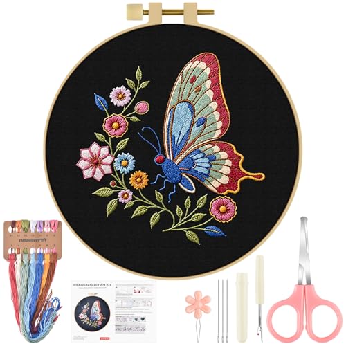 ERKOON Embroidery Kit for Beginners Adult, Cross Stitch Set Include Embroidery Cloth Hoop Threads for Craft Lover Hand Stitch with Embroidery Skill Techniques (Butterfly) - color: Butterfly
