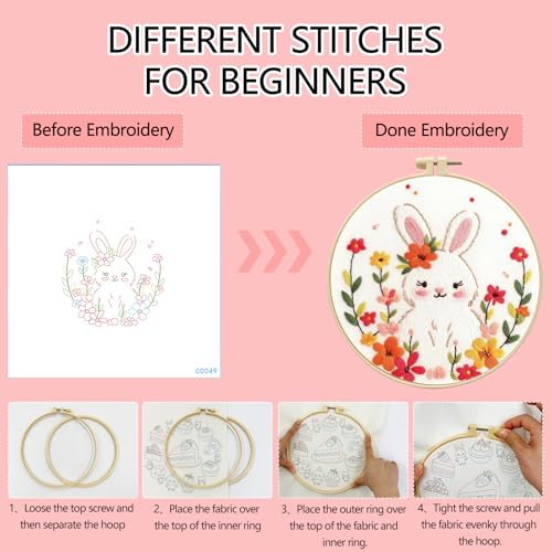 Zhenqing Fairy Tale Rabbit Embroidery Kit for Beginners, 29x29cm Pre-Printed Cotton Fabric with 20cm Hoop, Cute Bunny with Flowers Design for Home Decor(C0049)