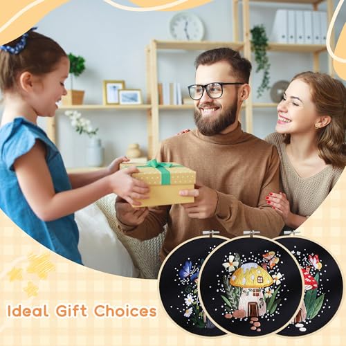 USEAMIE 3 Pack Embroidery Kit with Botanical and Floral Classic Prints, Embroidery Fabric, Needle and Thread, Adult Starter Needlepoint Embroidery Kits - color: Black pattern