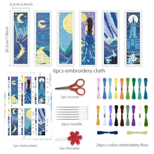 BEUNITONE 6 Pcs Cross Stitch Bookmark Kits for Adult Beginners Starry Sky Pattern DIY Stamped Embroidery Bookmark Kit with Instructions Cross Stitch Kits for Book Lovers Reader Writers Gift 2.4"x8" - style: Starlit Sky