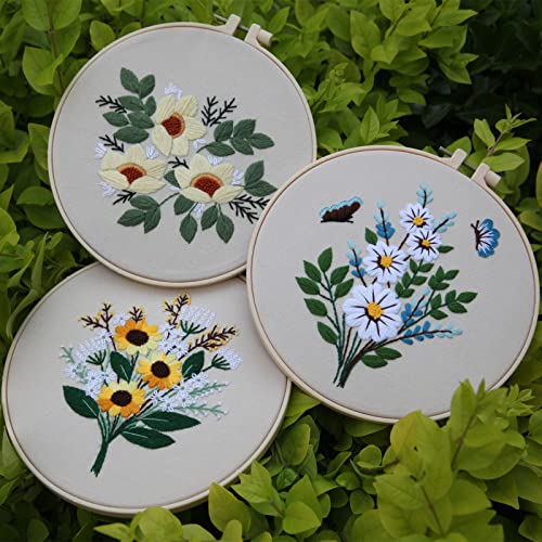 Embroidery Kit for Beginners,Cross Stitch Kits for Adults DIY Craft 3pcs Embroidery Pattern Needlework Fabric Embroidery Thread and Needles 1pcs Embroidery Hoop Adult Stitch Stuff Sewing Kit Gift - color: Flower