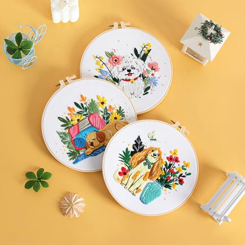 GLTAYLMY Cute Dogs Embroidery Kit for Beginners with Pattern and Instructions,3 Pack Cross Stitch Kits,1 Plastic Embroidery Hoops,Threads and Needles,Needlepoint Kit for Adults - color: Cute Dogs