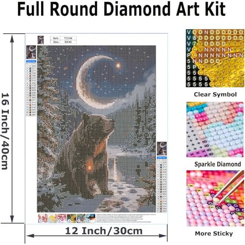 WCHUIMM 5D Bear Diamond Art Kits for Adults, Paint with Diamond Painting Animal DIY Full Round Drill Kits, Embroidery Rhinestone Diamond Crystal Craft Canvas Home Wall Decor 12X16 Inch - color: Bear and Moon
