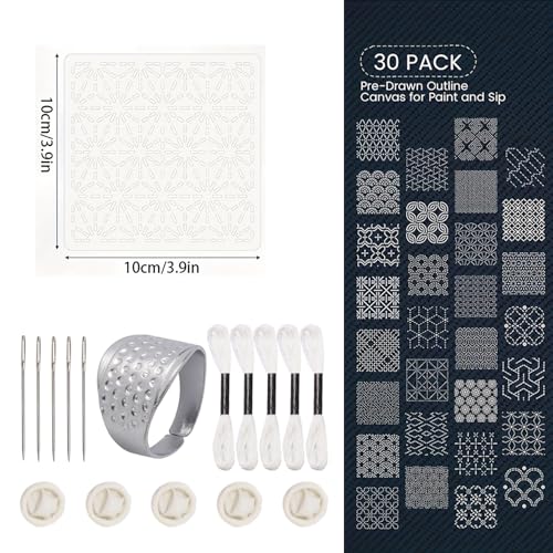 31 PCS Sashiko Stencils Kit with 3.9 x 3.9 Inch Geometric Sashiko Pattern(30PCS) and Needles Thread Tool Kit for Beginners Hand Quilting Mending and Embroidery - size: 3.9 x 3.9 (31PCS)