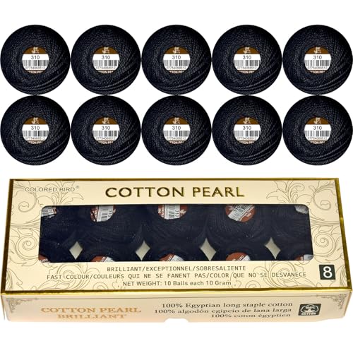 Double Mercerized Egyptian Long Staple Cotton Pearl Thread Ball 10 Grams Rainbow Color Embroidery Thread 10 Balls per Box for Crochet Hardanger Cross Stitch Hand Embroidery,Black - color: black