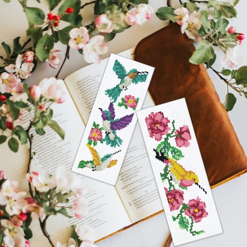 BEUNITONE 6 Pcs Cross Stitch Bookmark Kit for Beginner Vintage Flower Hand Embroidery Kit with Instruction Hummingbird Stamped Embroidery Bookmarks Handmade for DIY Crafts Book Lovers 8.5''x3'' - style: Hummingbird