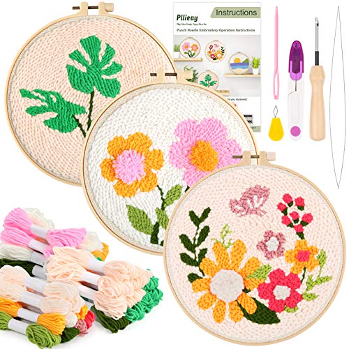 Pllieay 3 Set Punch Needle Embroidery Starter Kits Include Instruction - size: 3 Style