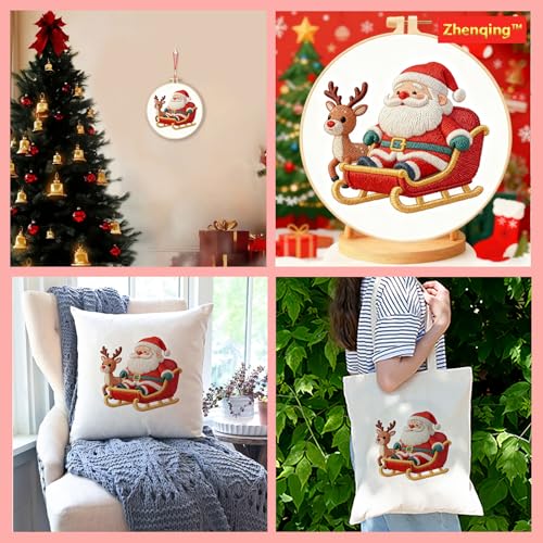 Zhenqing Santa Reindeer Embroidery Kit for Beginners, Christmas Sleigh Needlework Kit with Pre-Printed Fabric, Hoop, Threads & Tools (C0148) - color: Santa Claus and Reindeer