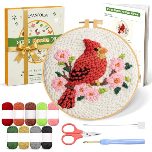 CYANFOUR Punch Needle Kit for Beginners, Red Bird Punch Needle Kits Adults, Craft Kits for Adults with 2 Pre-Printed Fabrics, Embroidery Hoop, Threads, DIY Gift and Home Decor 20 * 20cm - color: Red Bird