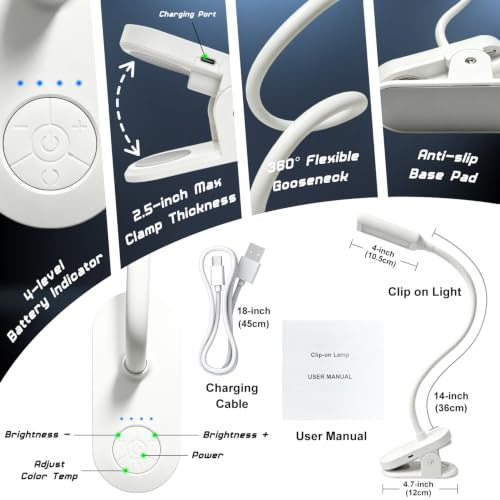 Clip on Light, Desk Lamp with Clamp for Bed, Home Office, Craft (White) - color: White