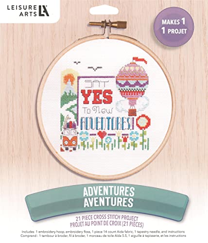 LEISURE ARTS Cross Stitch Kit 7in Adventure - Counted Cross Stitch Kit with Hoop, Floss, Aida Fabric and Needle - Travel Design, Embroidery for Beginners