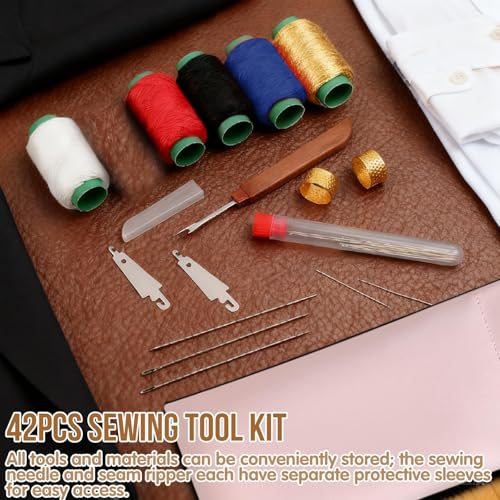42Pcs Big Eye Steel Sewing Needles Kit, Include 30 Steel Needles, 1 Seam Sewing Thread Ripper, 2 Needle Threaders, 5 Threads, 2 Thimbles, 1 Storage Tube,1 Storage Bag for Mending, Gift for Lovers - style: Country Rustic