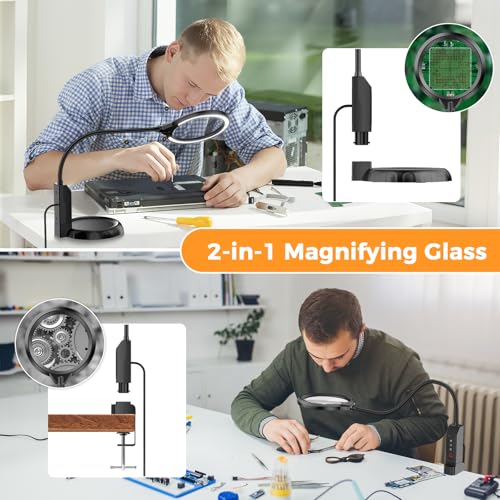 15X Magnifying Glass with Light and Stand, 5-Color & 10 Lightness Level - color: Black