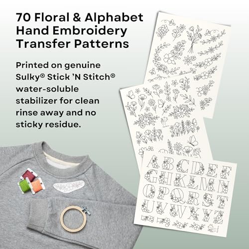 Stick and Stitch Embroidery Patterns, Floral/Alphabet Designs, Water Soluble Embroidery Stabilizer Transfer Paper, Beginner Hand Embroidery Kit for Gifts (Floral / 3 Pages) - color: Floral