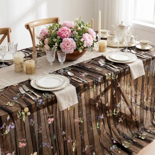 Black Gauze Table Runner with Floral 10ft Embroidery Tulle Spring Fall - color: Black, size: 60"x120",1pc