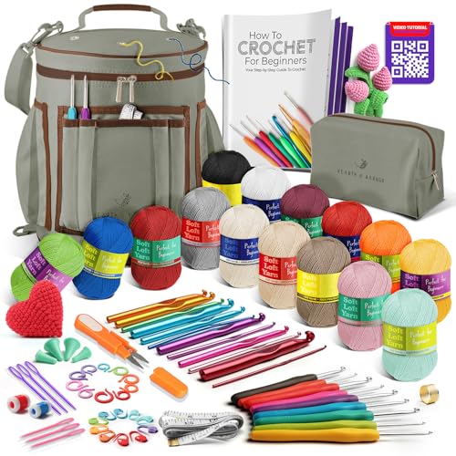 Crochet Kit for Beginners Adults and Kids - Beginner Crochet Kit for Adults with Step-by-Step Video Tutorials, Amigurumi and Crocheting Kit, Crochet Starter Kit with Soft Crochet Yarn and Crochet Bag - color: Sage Green, style: Crochet Kit + Bag