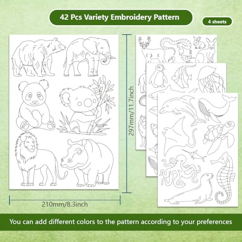 BENECREAT 4 Sheets 42Pcs Zoo Animals Water Soluble Embroidery Patterns, Land and Ocean Animals Hand Sewing Stabilizers Stick and Stitch Embroidery Paper for Shirts, Coats, Bags, Towels - style: Zoo Animals