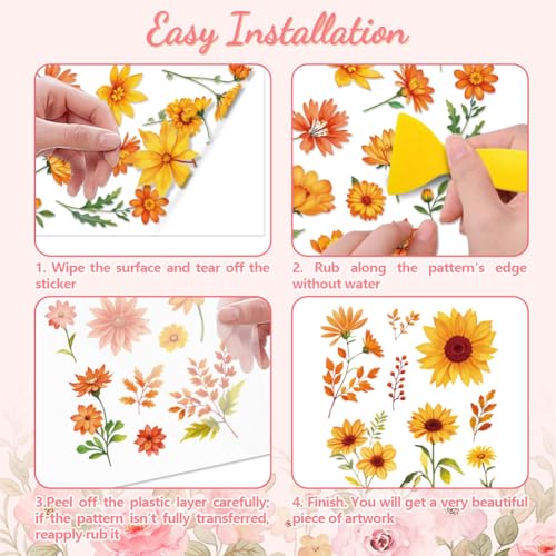 Peacoblue Autumn Orange Flowers Rub On Transfers for Furniture Craft 6"x12" - style: Autumn Orange Flowers