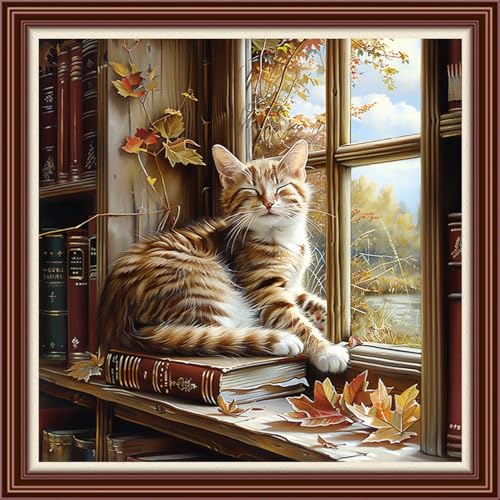 Dimensean Counted Cross Stitch Kit for Beginners, 11CT Unprinted Cross-Stitch Kit Easy Patterns Needlepoint Kit Cross Stitching Embroidery Kit Supplies-Cat Watching Scenery by the Window 18x18 inch - color: DIYColor21