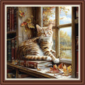 Dimensean Counted Cross Stitch Kit for Beginners, 11CT Unprinted Cross-Stitch Kit Easy Patterns Needlepoint Kit Cross Stitching Embroidery Kit Supplies-Cat Watching Scenery by the Window 18x18 inch - color: DIYColor21