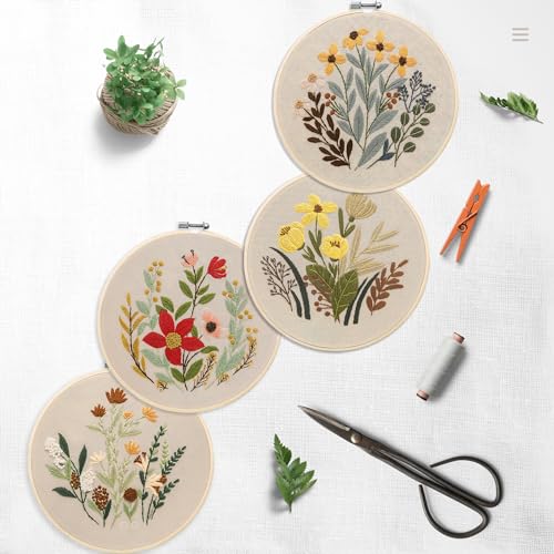 Bonroy 4 Sets Embroidery Set for Beginners, Art Craft, Easy Sewing, Includes Embroidery Clothing, Pattern, Embroidery Hoop, Instruction Manual, Colorful Thread Stitch Set (11) - color: flowers 11