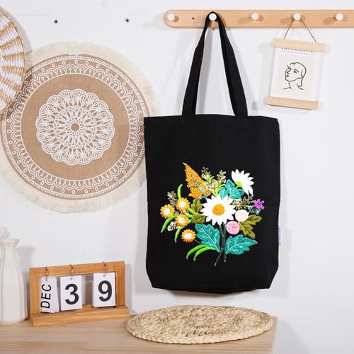 CREAWONDER Canvas Tote Bag Embroidery Kit with Pattern for Beginners, Arts and DIY Embroidery Crafts Kits for Adults, Include Instructions, Thimble, Embroidery Hoops, Color Threads and Tool - color: CR002 chenhuicaoxin black