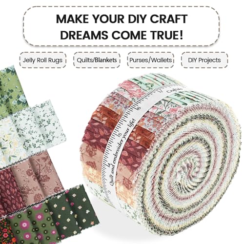 Craftido-20 Options-100% Cotton Jelly Roll Fabric Precut Strips for Quilting, Crafting, and Sewing, 40 Strips 2.5" x 44" Assorted Bundles for Rug, Quilt Project, DIY Craft and Home Decor-Cottage Bloom - color: Cottage Bloom