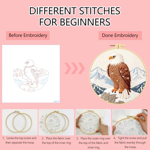 Zhenqing Bald Eagle Embroidery Kit for Beginners, Wildlife Mountain Needlework Craft with Pre-Printed Cotton Fabric, Hoop, Threads & Tools (C0211) - color: Bald Eagle