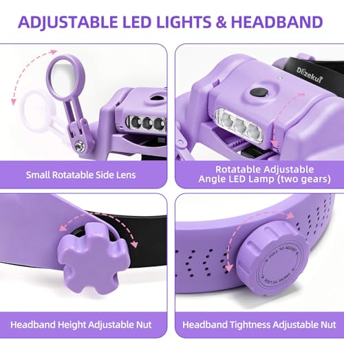 Dilzekui Magnifying Glass with Light 1X-14X, Rechargeable Headset Magnifier - color: Purple