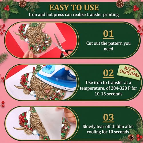 Tellingyou 36 Sheets Christmas Iron on Transfers Highland Cow Iron on Patch - style: Christmas