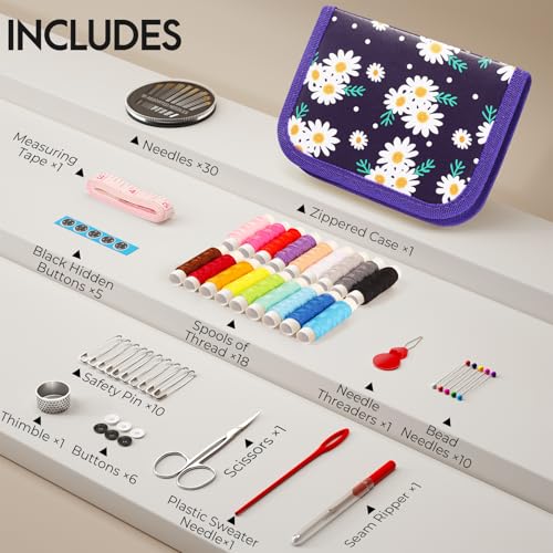 Coquimbo Sewing Kit Gifts for Kids Mom Grandma Adults Beginner Traveler, Portable Sewing Supplies Accessories Contains Thread, Needle, Scissors, Measure Tape, Thimble (Daisy) - color: Purple, size: M