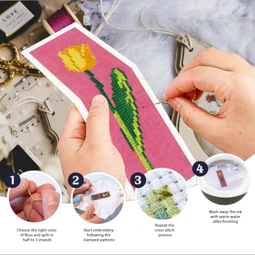 INFUNLY 6PCS Cross Stitch Bookmark Kit for Adults Rose Tulip Stamped Embroidery Bookmark Kit with Backing Felt Floss Instruction for Book Lovers Readers - style: Single Flower