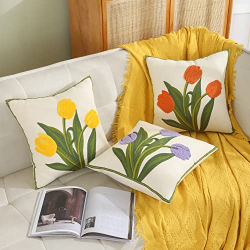 Embroidered Throw Pillow Covers 18x18 Pack of 2 Yellow Tulip - color: Yellow Tulip, size: 18" x 18" (Pack of 2)