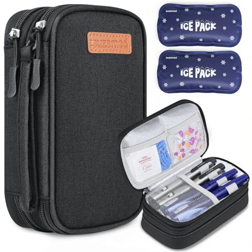 suzamed Double Layer Insulin Cooler Travel Case, Expandable Space, Black - color: Black