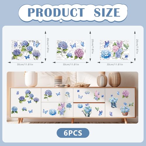 6 Sheets Vintage Floral Rub on Transfers, Blue Blooming Hydrangeas Rub on Transfer for Crafts and Furniture, Flowers Butterflies Stickers Decal for DIY Wood Furniture Wall Office Decor 11.8 x 7.9 Inch