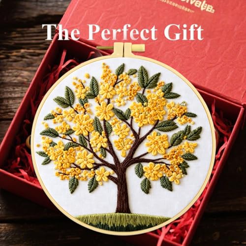 Zhenqing Osmanthus Tree Embroidery Kit for Beginners, Sweet Olive Blossom Craft Set with 20cm Hoop, Printed Design on 29x29cm Cotton Fabric, DIY Nature Wall Art (JCD0100)