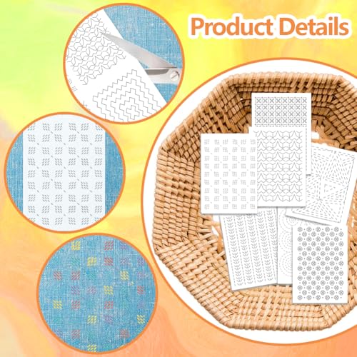ORIGACH 4 Sheets Water Soluble Embroidery Patterns Stabilizers - Pre-Printed Sashiko Geometric Pattern Designs - Stick and Stitch Embroidery Paper Hand Sewing Stabilizers for Embroidery Beginners - color: Sashiko Geometric