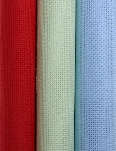 KCS 3 pc of 15" x 18"(38cmx45cm) Counted Cross Stitch Cotton Aida Cloth Needlework Rolled Fabric Box,18CT,Light Blue+Light Green+Red - color: Light Blue+light Green+red, size: 18CT