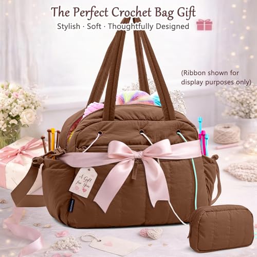 MYBAGZING Large Crochet Bag Organizer w/Crochet Hook Case & Yarn Grommets - color: Brown