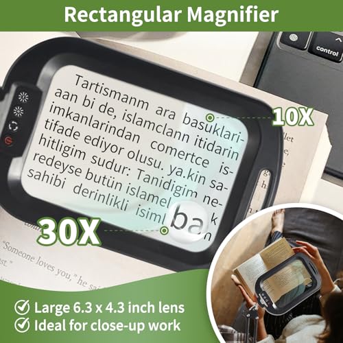 ‌10X 30X Large Square Magnifying Glass with Light and Stand/Clamp