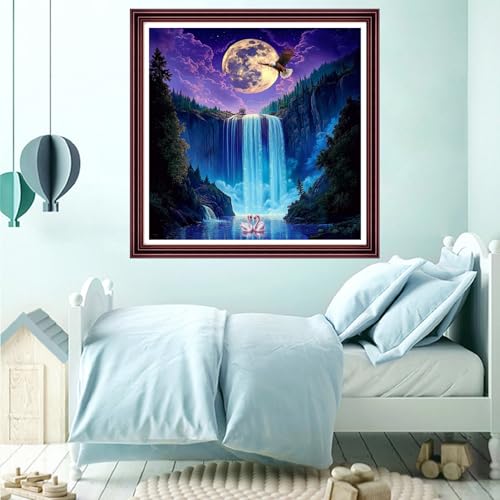 Funchey Counted Cross Stitch Kits for Adults Needlepoint Kits Unprinted Cross Stitching Embroidery Kit 11CT Cross Stitch Supplies-Star Moon Waterfall 18x18 inch - color: ArtsKits14