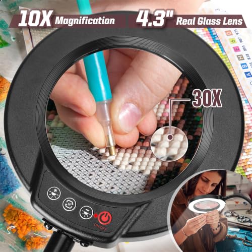 30X 10X Magnifying Glass with Light and Stand, 5 Color Modes Stepless Dimmable LED Lighted Desk Lamp, Hands Free Magnifier with Flexible Goose-Neck for Craft Hobby Painting Sewing Close Work - Black - color: Black, size: 30X 10X-12.6in