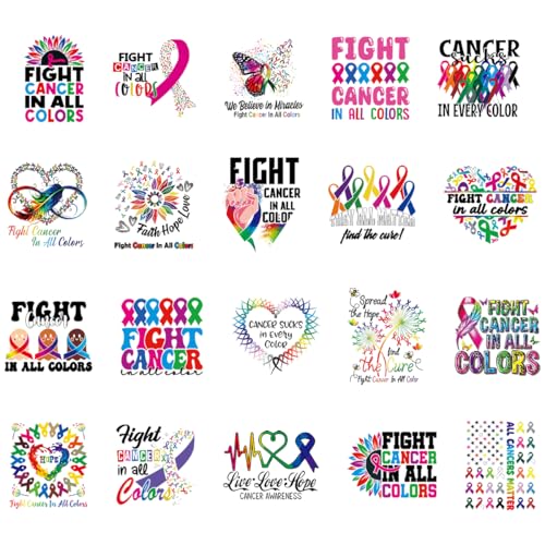 Dtf Transfers Ready to Press - 20Pcs Fight Cancer Iron on Transfers Cancer Awareness Iron on Decals Cancer Warrior Victim Heat Transfer Vinyl Stickers for Clothing Pillows Bag DIY Crafts - color: Fight Cancer