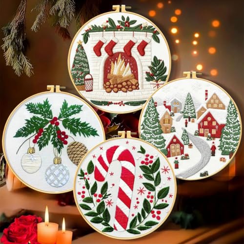 Zhenqing Christmas Embroidery Kit for Beginners - 4 Piece 29x29cm Round Designs with Embroidery Hoop, Threads & Tools (Snowy Cabin, Fireplace, Candy Cane, Holly)(C0066) - style: Snowy Cabin+ Fireplace+Candy Cane+Holly