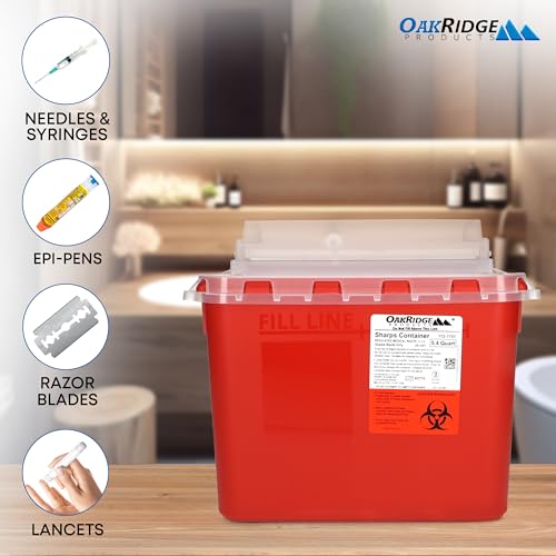 Oakridge Products Transparent Sharps Container for Home Use and Professional 5.4 Quart (1-Pack), Touchless Biohazard Needle and Syringe Disposal, Rotating Lid, CDC Certified