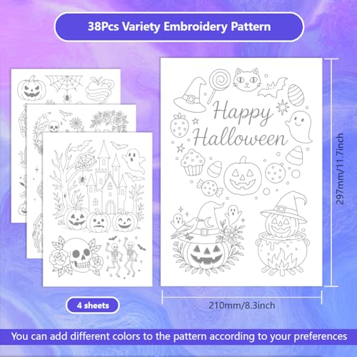 ORIGACH 4 Sheets Large Halloween Water Soluble Embroidery Stabilizers, Halloween Elements & Words Designs - Stick and Stitch Embroidery Paper Hand Sewing Stabilizers for Embroidery Beginners - color: Halloween Elements & Words