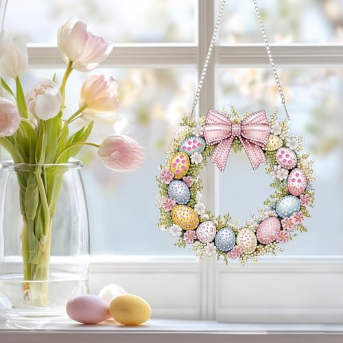 NAIMOER Easter Egg Wreath Diamond Art Hanging Kits for Adults, 5D Special Shaped Rhinestone, DIY Spring Diamond Art Painting Window Pendants Home Garden Wall Hanging Ornament Kits, Double Sided - color: Easter 08